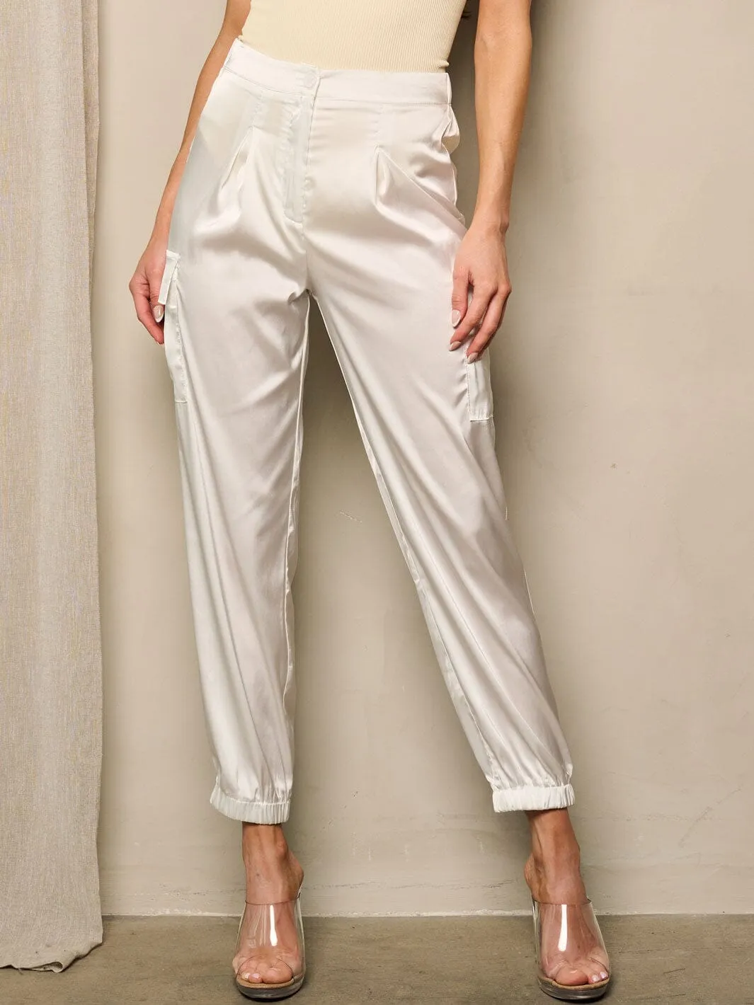 WOMEN'S HIGH WAIST CARGO POCKETS SATIN JOGGER PANTS