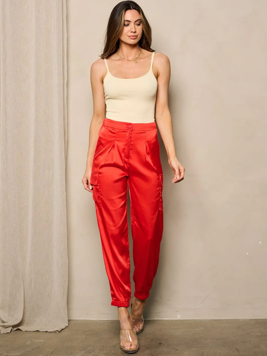 WOMEN'S HIGH WAIST CARGO POCKETS SATIN JOGGER PANTS