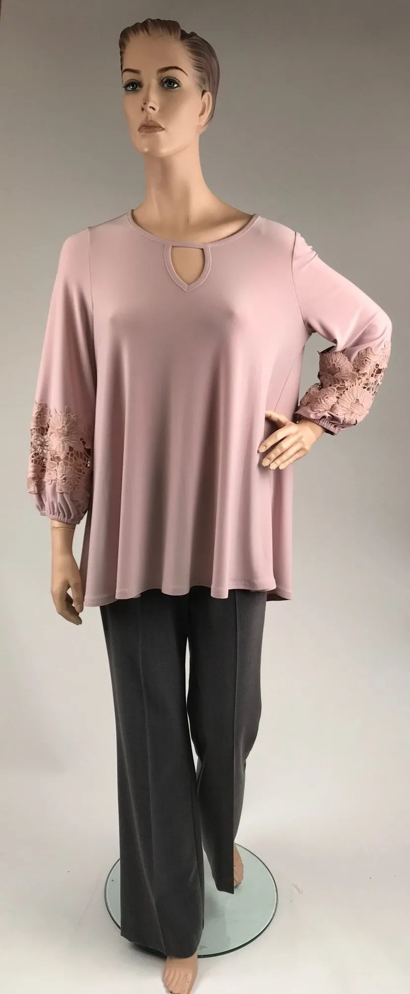 Women's Joseph Ribkoff | Keyhole Top with Floral Cutout Sleeves | Mauve