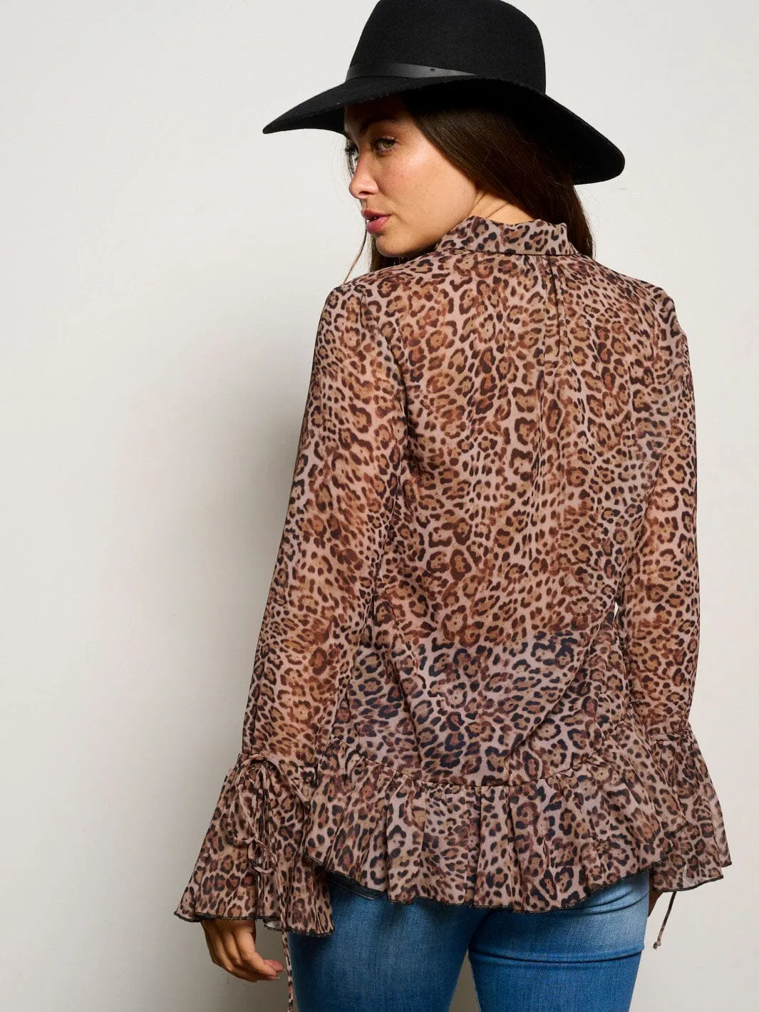 WOMEN'S LONG BELL SLEEVE LACE UP RUFFLE ANIMAL PRINT BLOUSE TOP