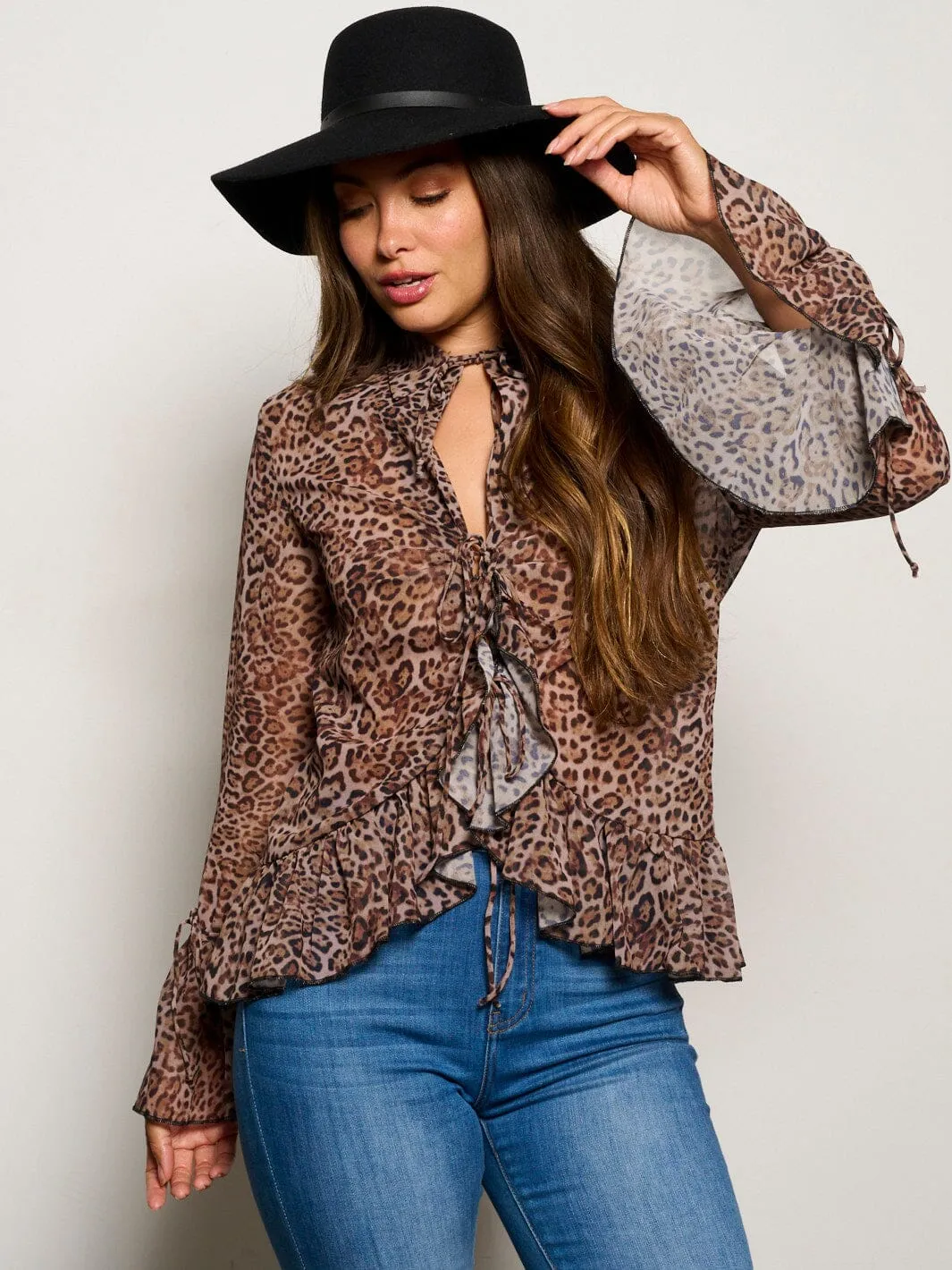 WOMEN'S LONG BELL SLEEVE LACE UP RUFFLE ANIMAL PRINT BLOUSE TOP