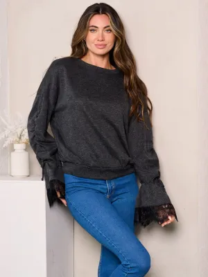 WOMEN'S LONG BELL SLEEVES LACE TRIM TOP
