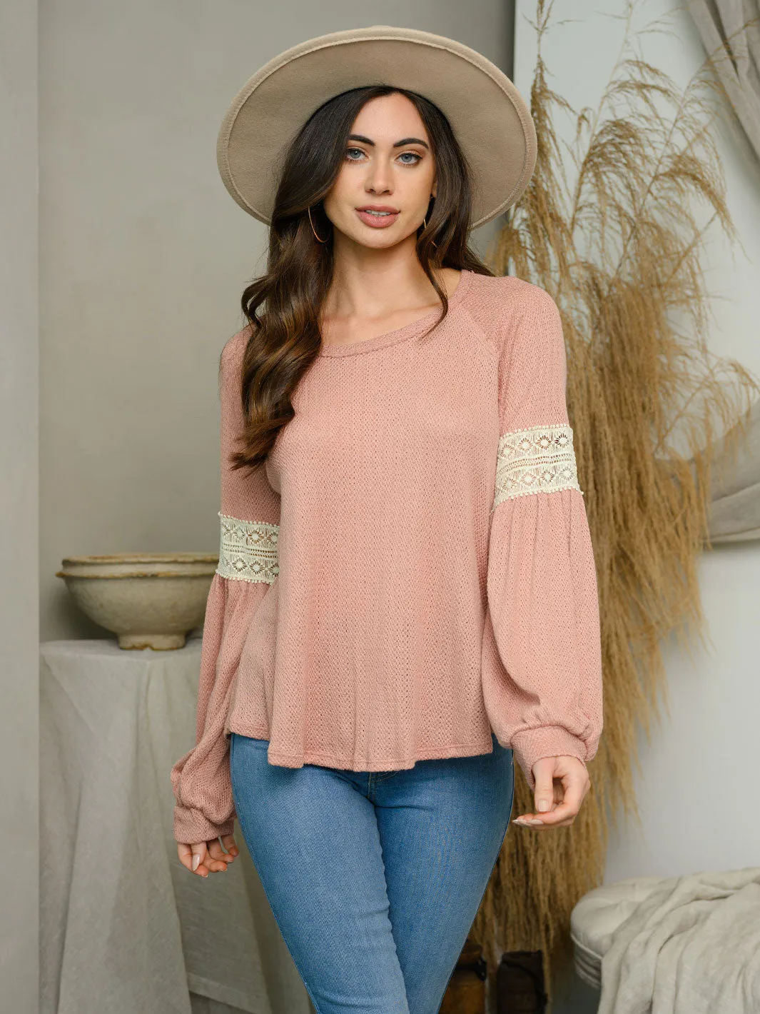 WOMEN'S LONG LACE TRIM DETAIL SLEEVES TUNIC TOP