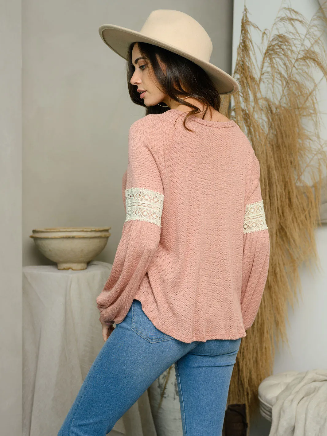 WOMEN'S LONG LACE TRIM DETAIL SLEEVES TUNIC TOP