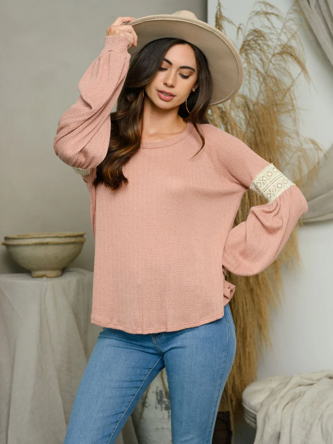 WOMEN'S LONG LACE TRIM DETAIL SLEEVES TUNIC TOP