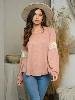 WOMEN'S LONG LACE TRIM DETAIL SLEEVES TUNIC TOP