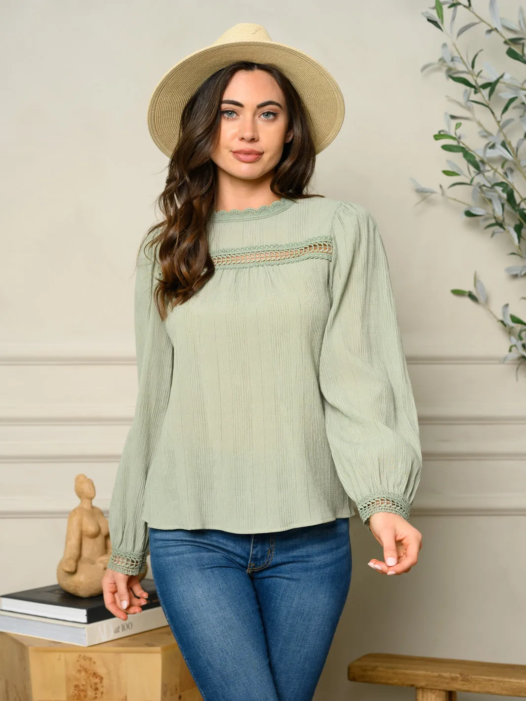 WOMEN'S LONG PUFF SLEEVE LACE INSERT TOP