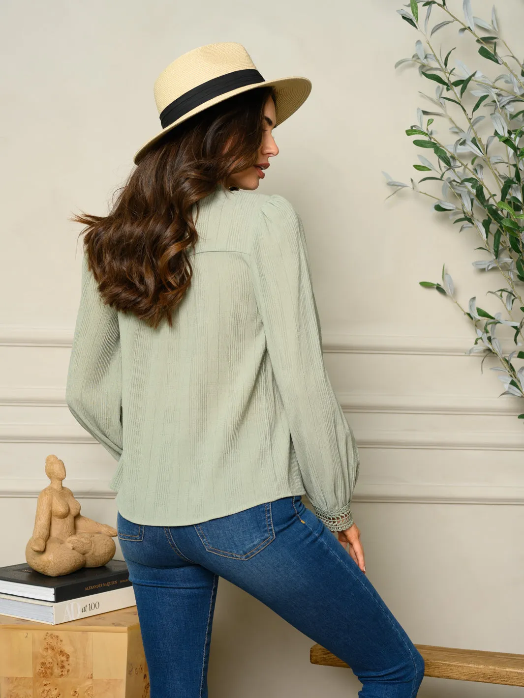 WOMEN'S LONG PUFF SLEEVE LACE INSERT TOP