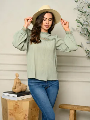 WOMEN'S LONG PUFF SLEEVE LACE INSERT TOP