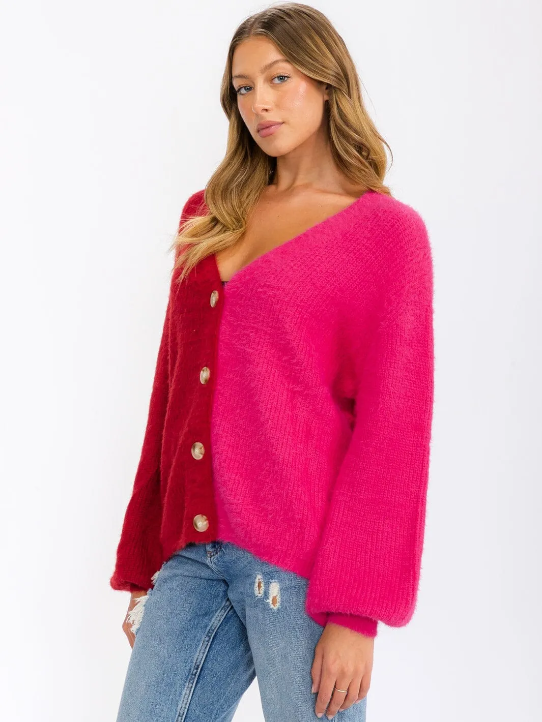 WOMEN'S LONG SLEEVE BUTTON CLOSURE COLORBLOCK CARDIGAN SWEATER