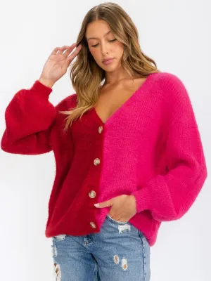 WOMEN'S LONG SLEEVE BUTTON CLOSURE COLORBLOCK CARDIGAN SWEATER