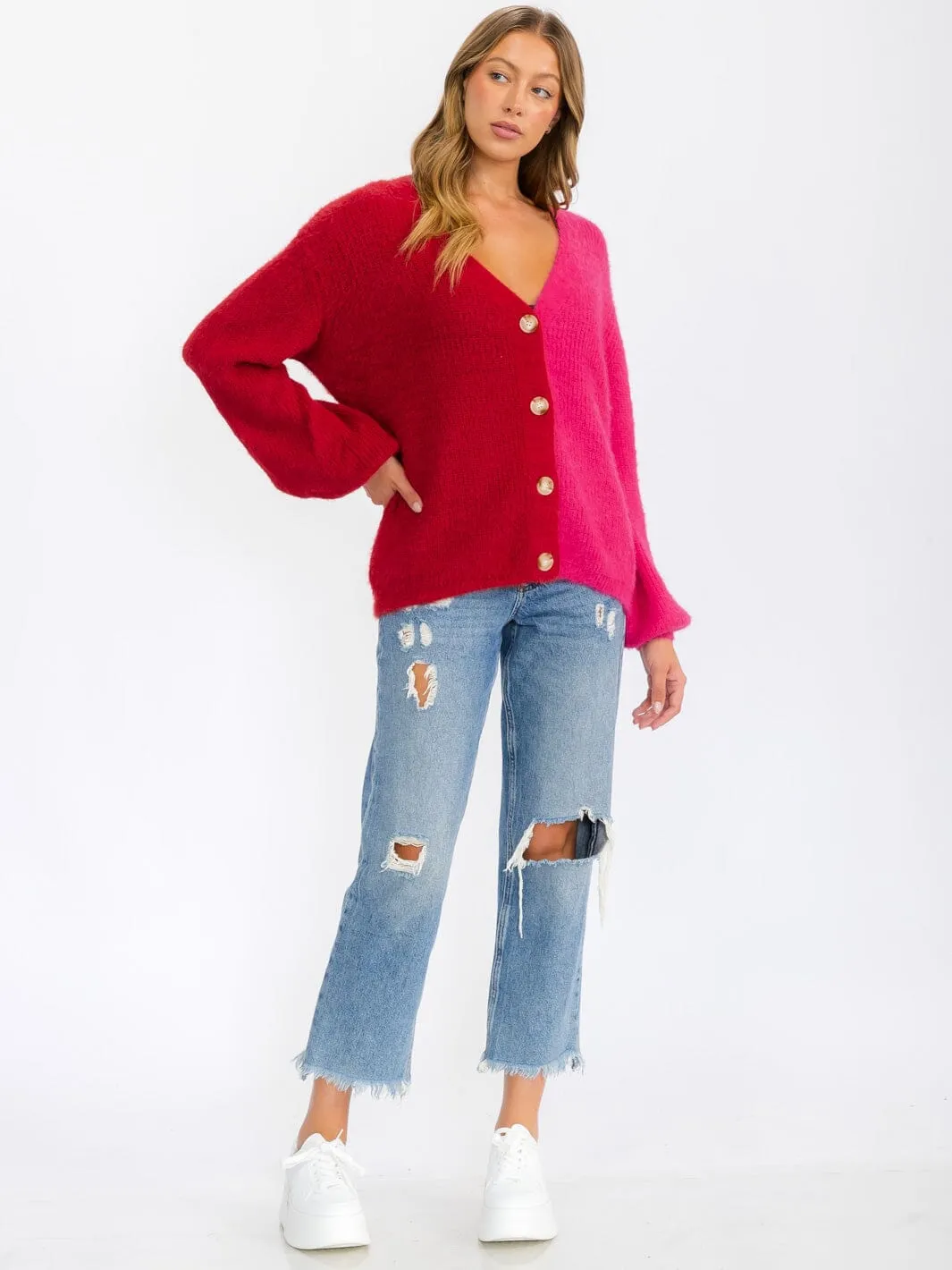 WOMEN'S LONG SLEEVE BUTTON CLOSURE COLORBLOCK CARDIGAN SWEATER