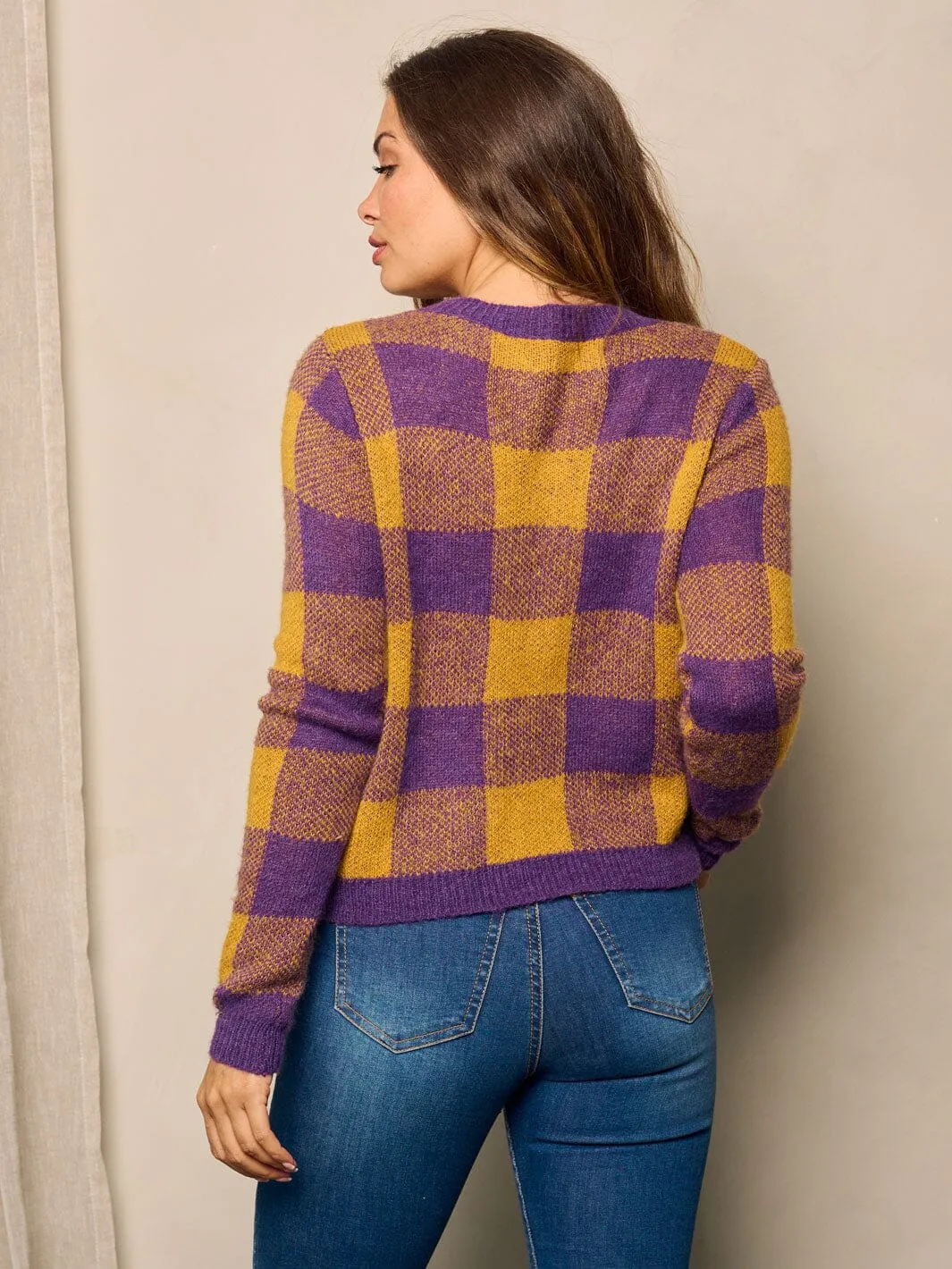 WOMEN'S LONG SLEEVE BUTTON UP COLORBLOCK CHERCKERS PRINT SWEATER