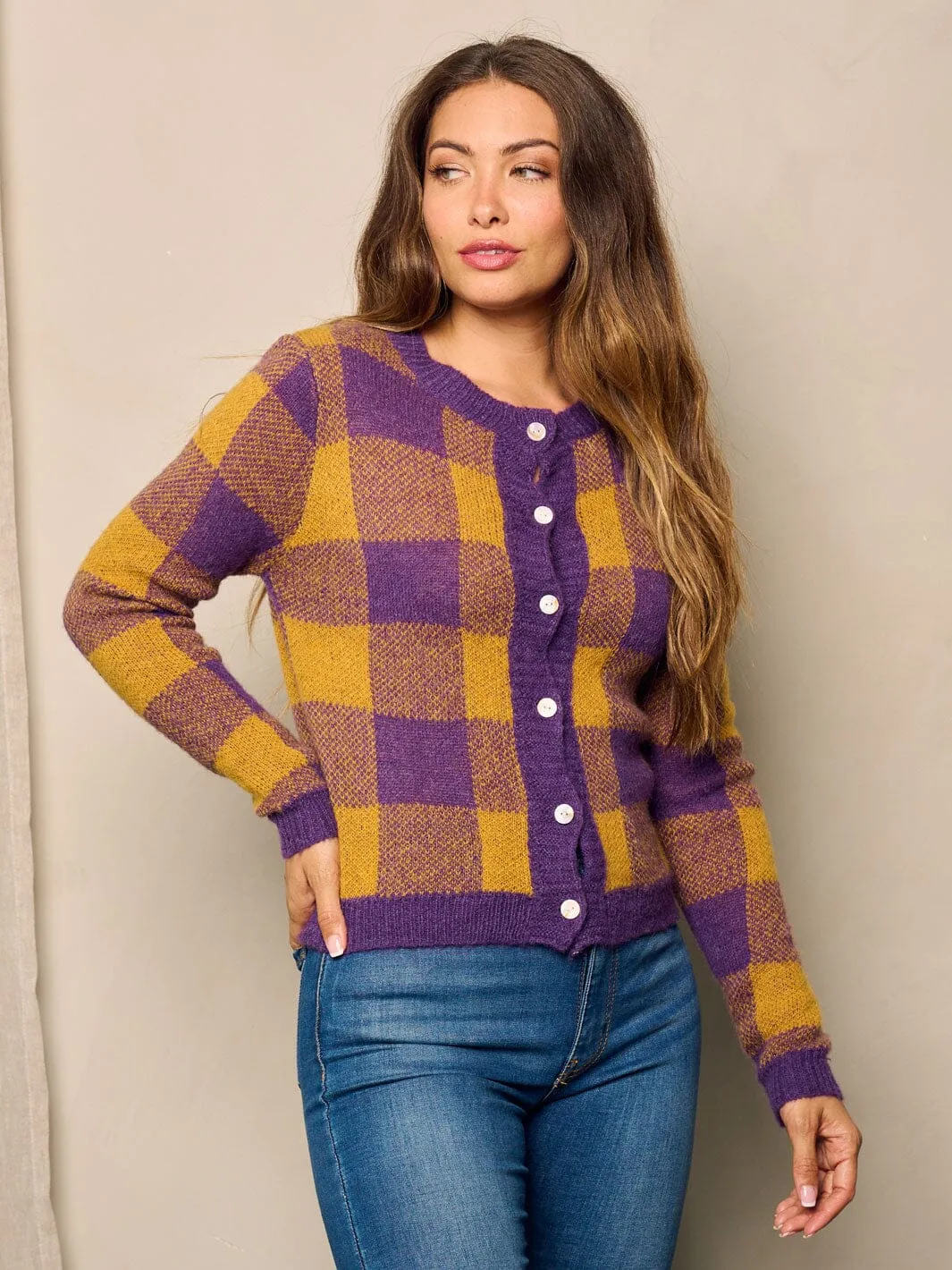 WOMEN'S LONG SLEEVE BUTTON UP COLORBLOCK CHERCKERS PRINT SWEATER