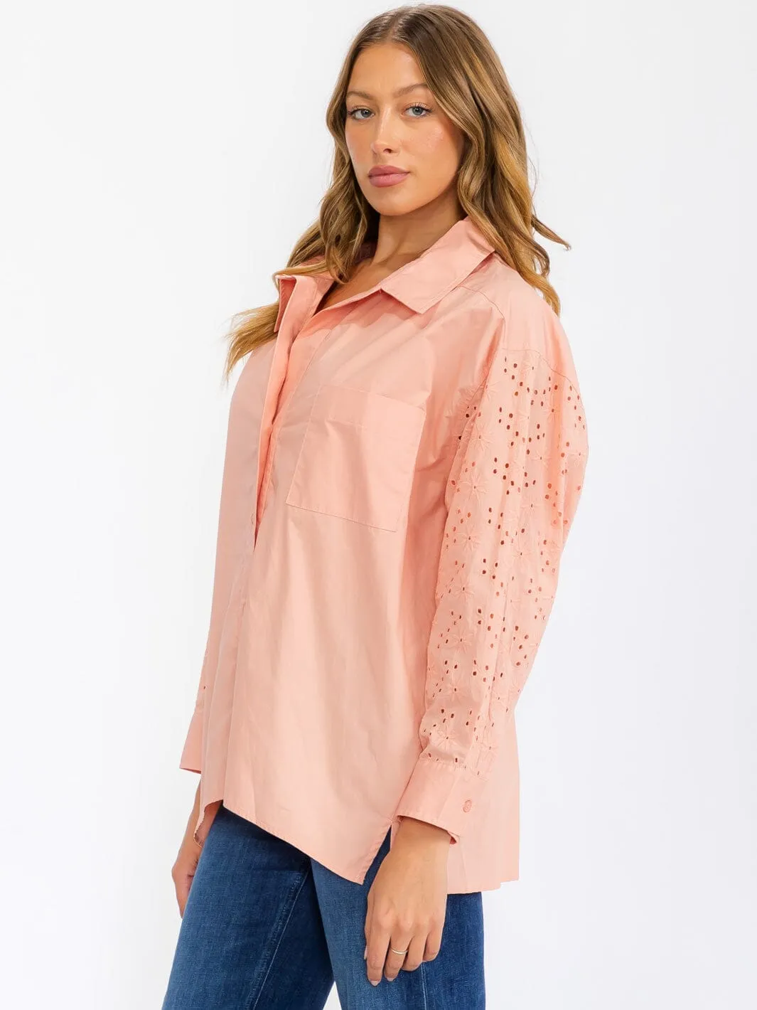 WOMEN'S LONG SLEEVE BUTTON UP EYELET DETAILED BLOUSE TOP