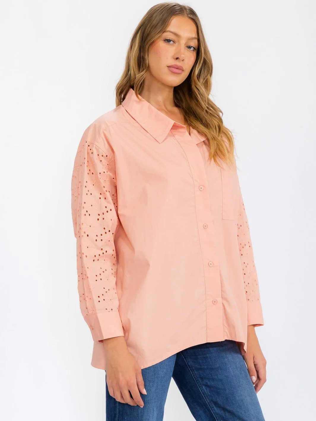 WOMEN'S LONG SLEEVE BUTTON UP EYELET DETAILED BLOUSE TOP