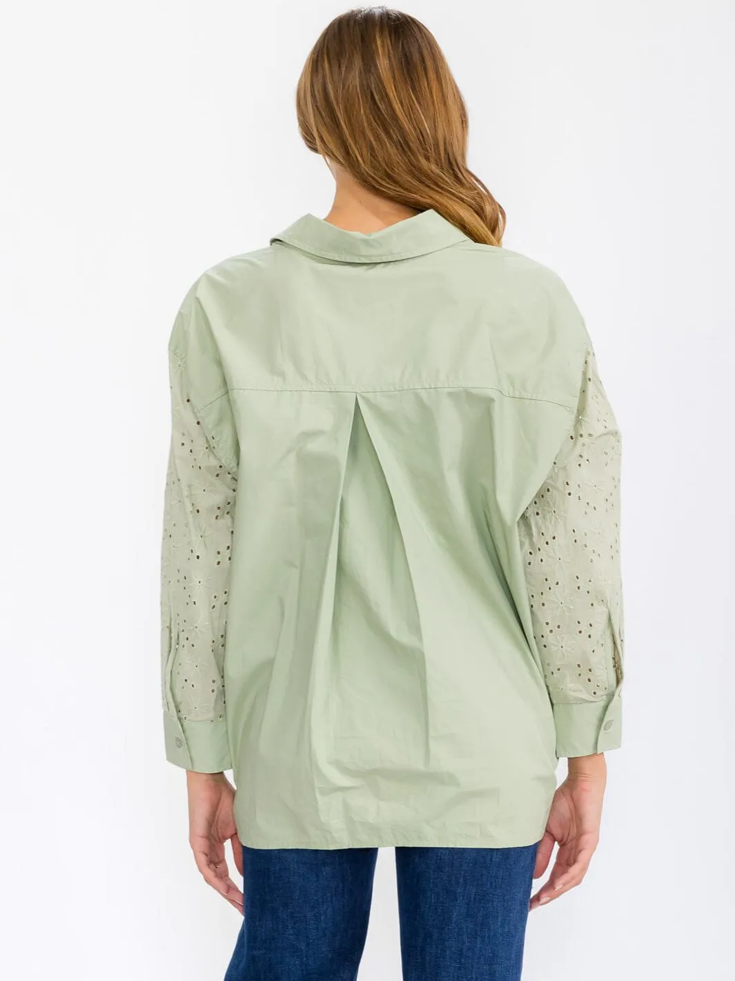 WOMEN'S LONG SLEEVE BUTTON UP EYELET DETAILED BLOUSE TOP