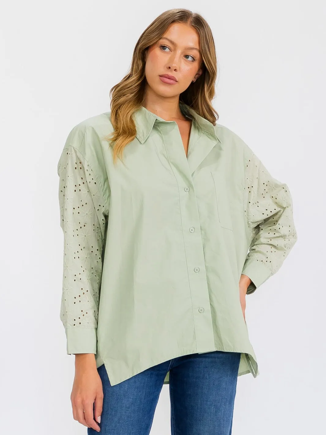 WOMEN'S LONG SLEEVE BUTTON UP EYELET DETAILED BLOUSE TOP