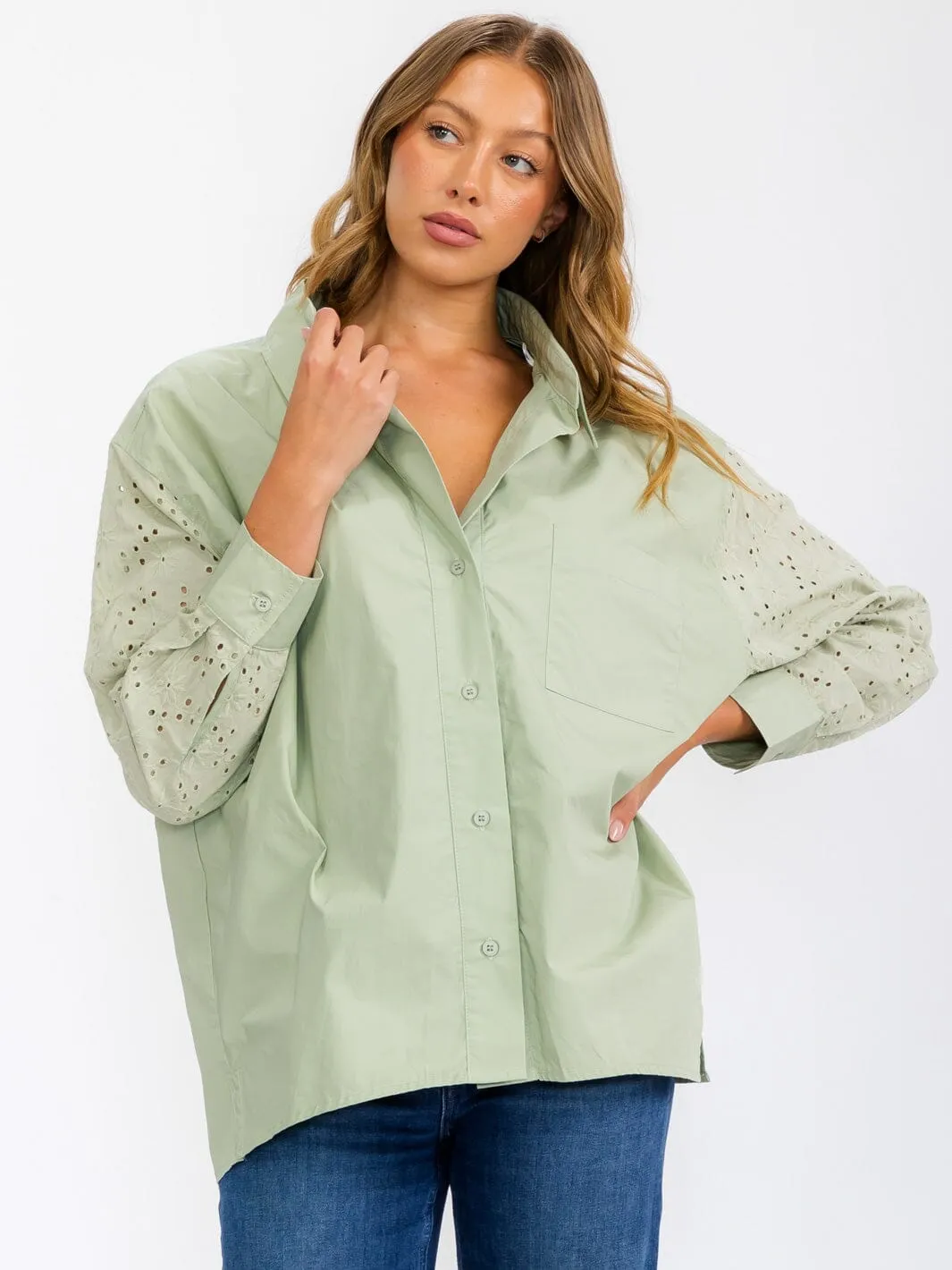 WOMEN'S LONG SLEEVE BUTTON UP EYELET DETAILED BLOUSE TOP