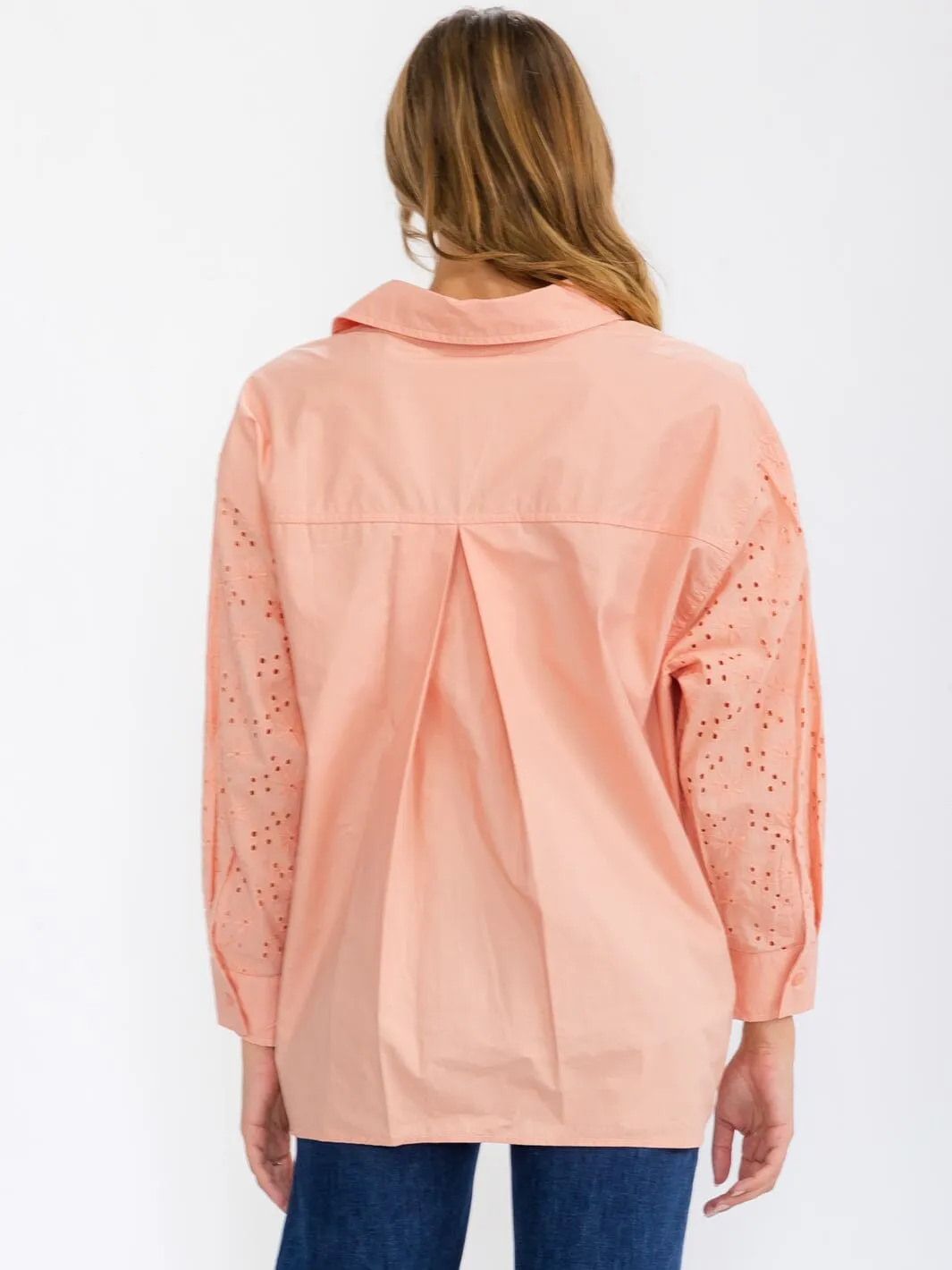 WOMEN'S LONG SLEEVE BUTTON UP EYELET DETAILED BLOUSE TOP