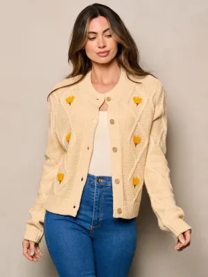 WOMEN'S LONG SLEEVE BUTTON UP FLORAL DETAILED SWEATER