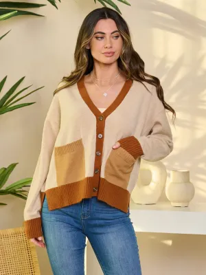 WOMEN'S LONG SLEEVE BUTTON UP POCKETS COLORBLOCK SWEATER
