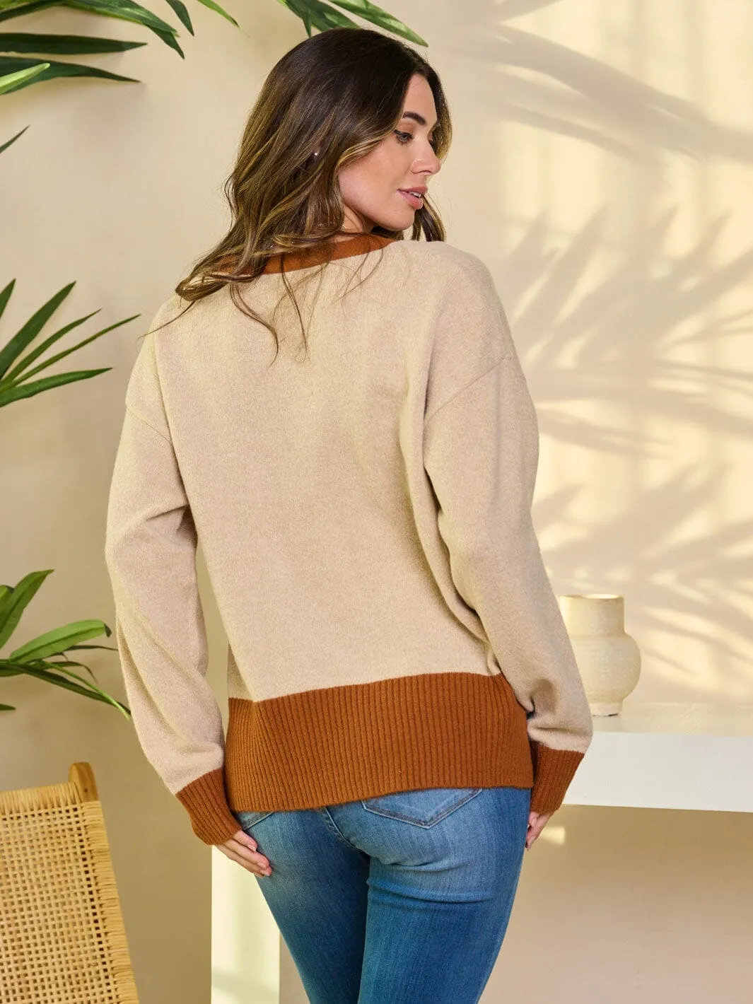 WOMEN'S LONG SLEEVE BUTTON UP POCKETS COLORBLOCK SWEATER