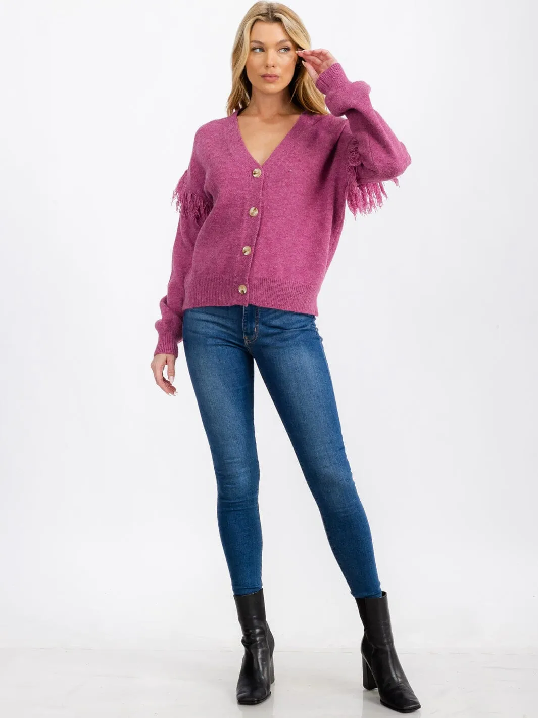 WOMEN'S LONG SLEEVE FRINGE BUTTON CLOSURE CARDIGAN SWEATER