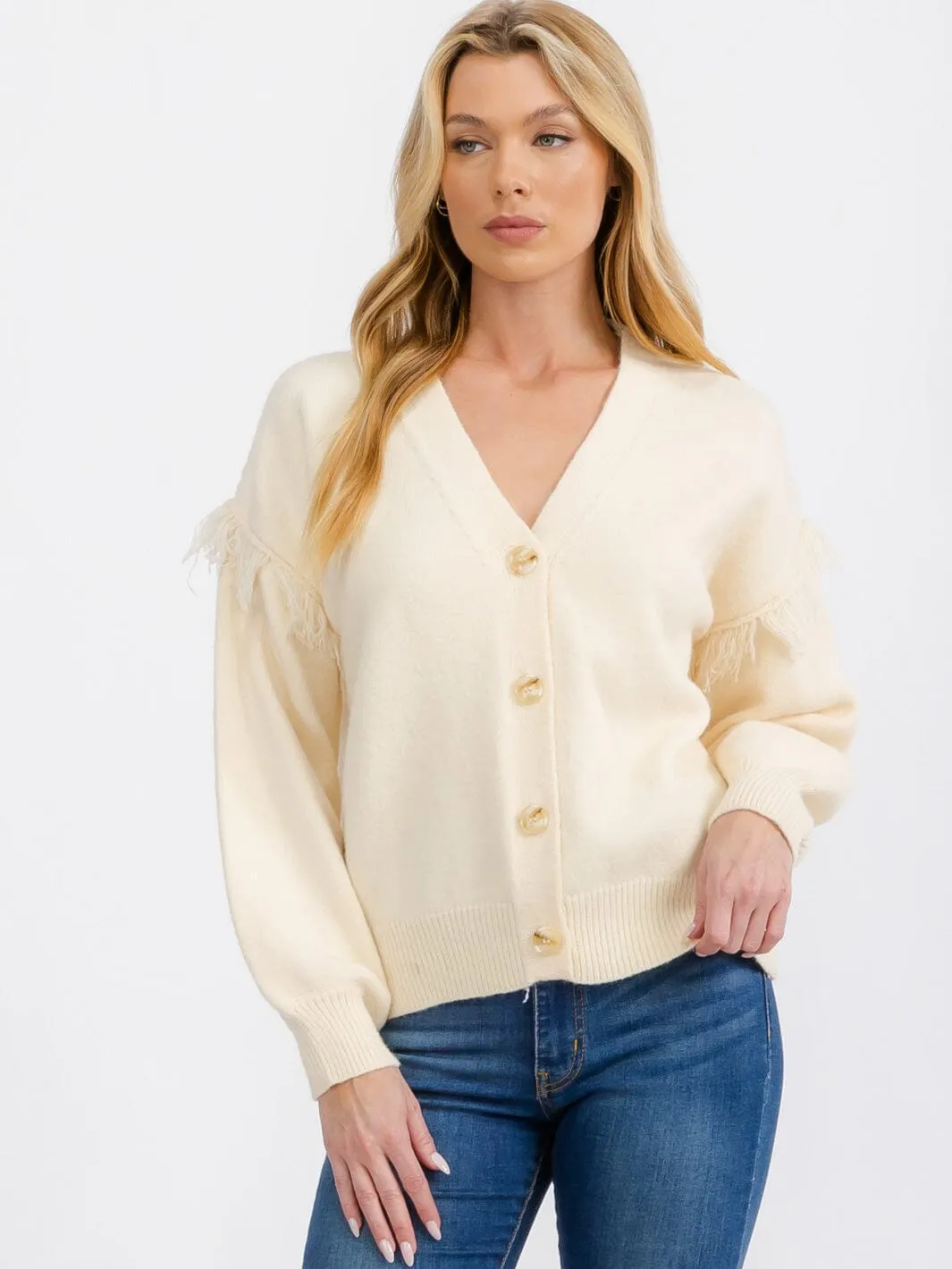 WOMEN'S LONG SLEEVE FRINGE BUTTON CLOSURE CARDIGAN SWEATER