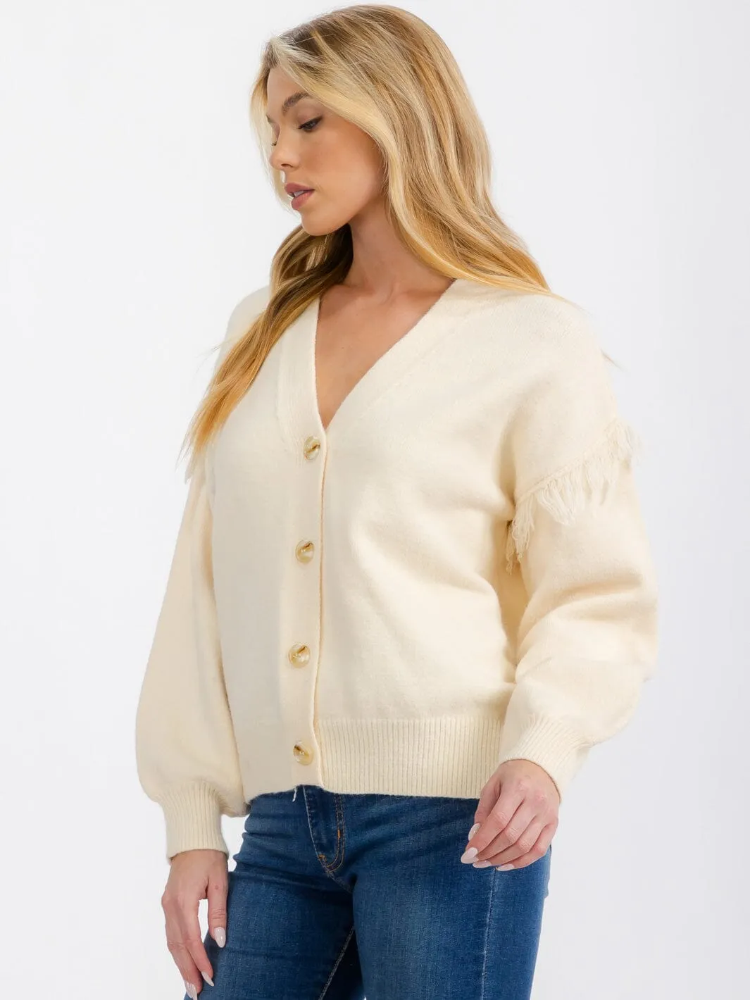 WOMEN'S LONG SLEEVE FRINGE BUTTON CLOSURE CARDIGAN SWEATER