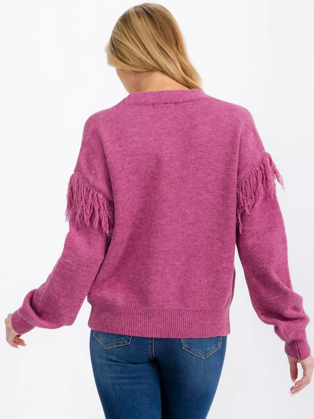 WOMEN'S LONG SLEEVE FRINGE BUTTON CLOSURE CARDIGAN SWEATER