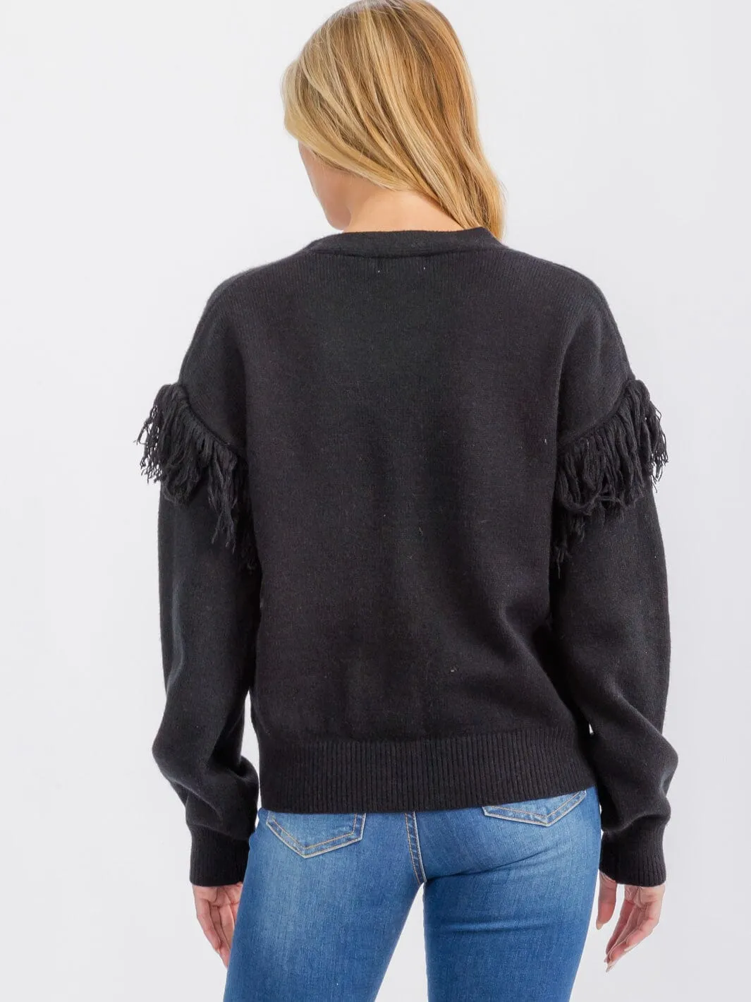 WOMEN'S LONG SLEEVE FRINGE BUTTON CLOSURE CARDIGAN SWEATER