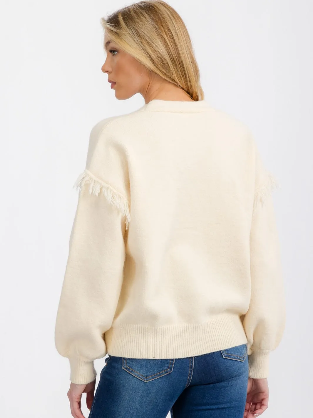 WOMEN'S LONG SLEEVE FRINGE BUTTON CLOSURE CARDIGAN SWEATER