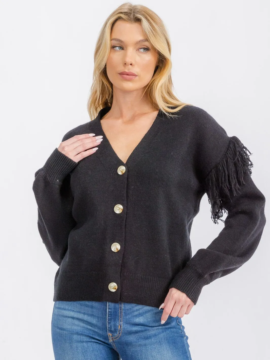 WOMEN'S LONG SLEEVE FRINGE BUTTON CLOSURE CARDIGAN SWEATER