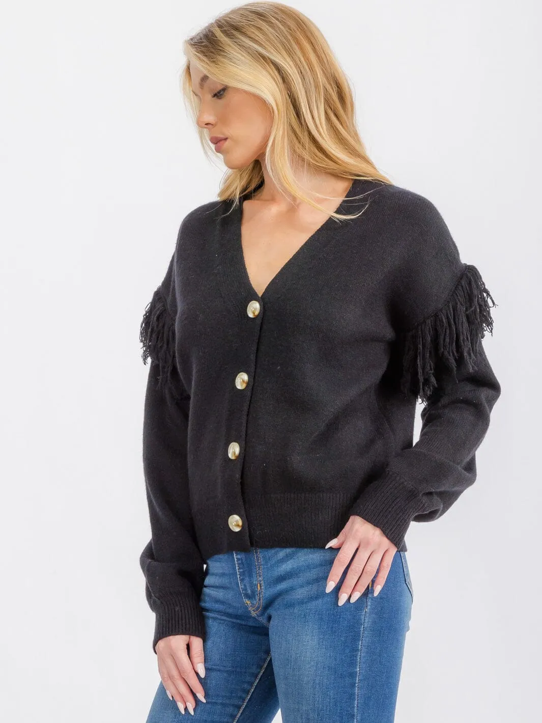 WOMEN'S LONG SLEEVE FRINGE BUTTON CLOSURE CARDIGAN SWEATER