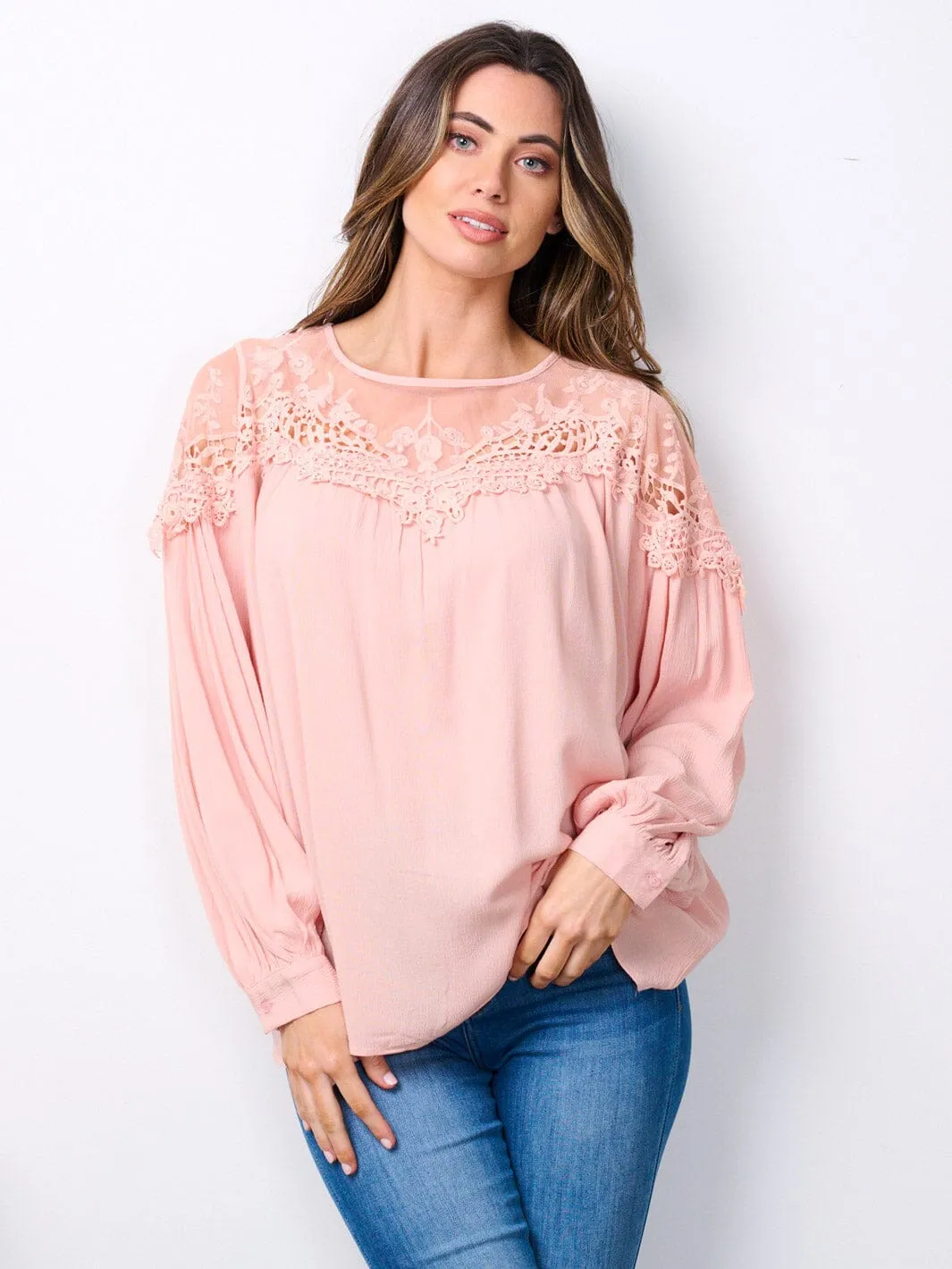 WOMEN'S LONG SLEEVE LACE DETAILED TUNIC BLOUSE TOP