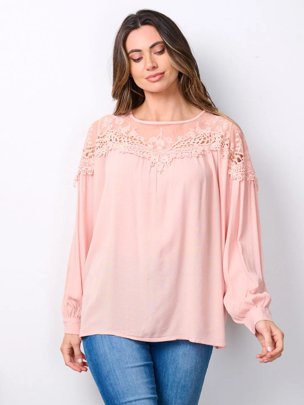 WOMEN'S LONG SLEEVE LACE DETAILED TUNIC BLOUSE TOP