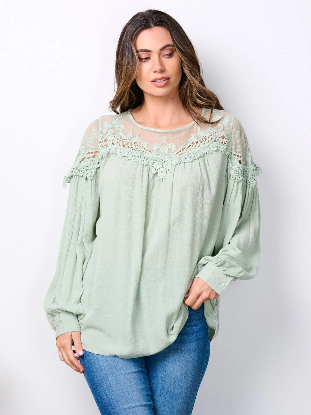 WOMEN'S LONG SLEEVE LACE DETAILED TUNIC BLOUSE TOP