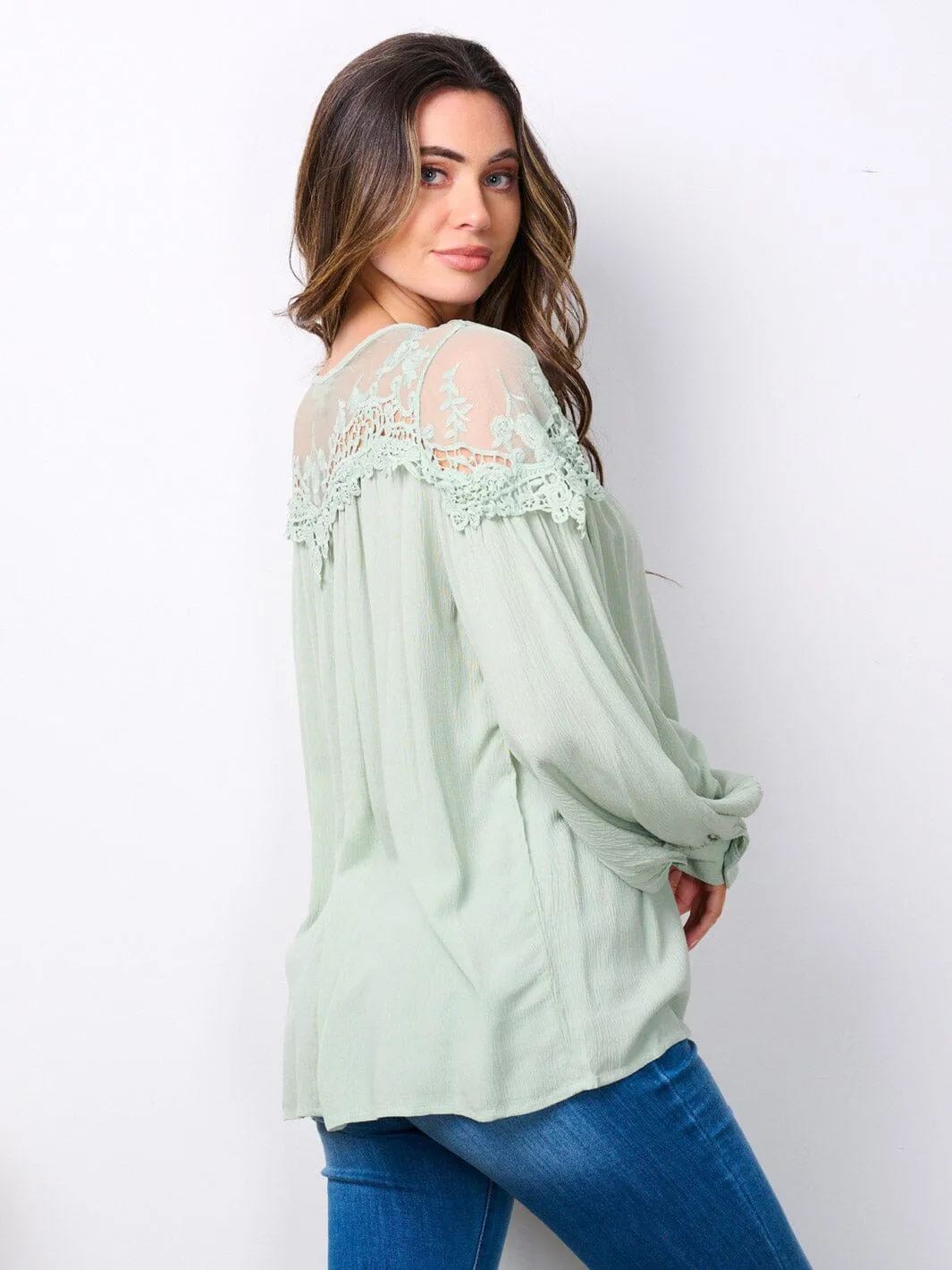 WOMEN'S LONG SLEEVE LACE DETAILED TUNIC BLOUSE TOP