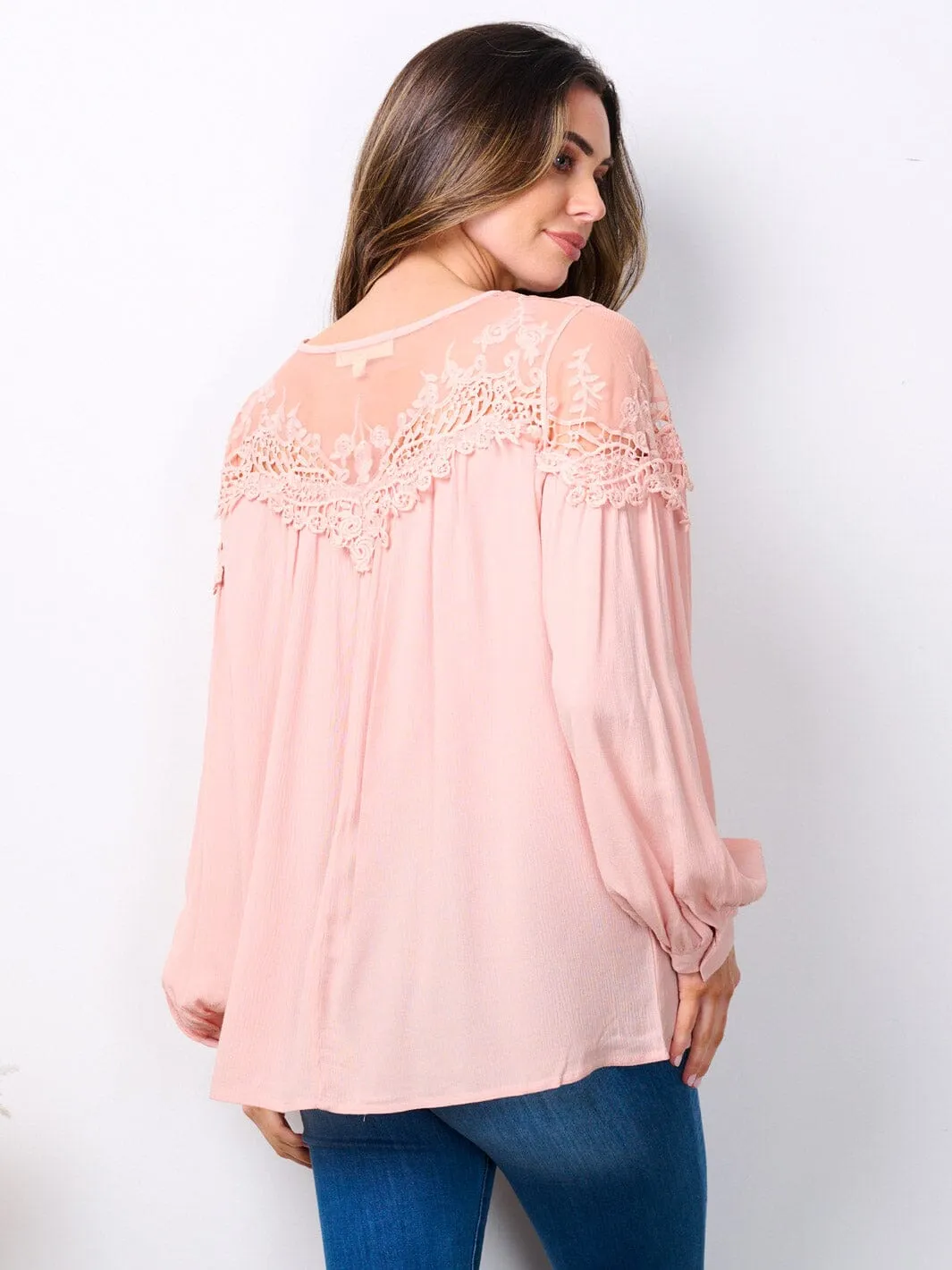 WOMEN'S LONG SLEEVE LACE DETAILED TUNIC BLOUSE TOP