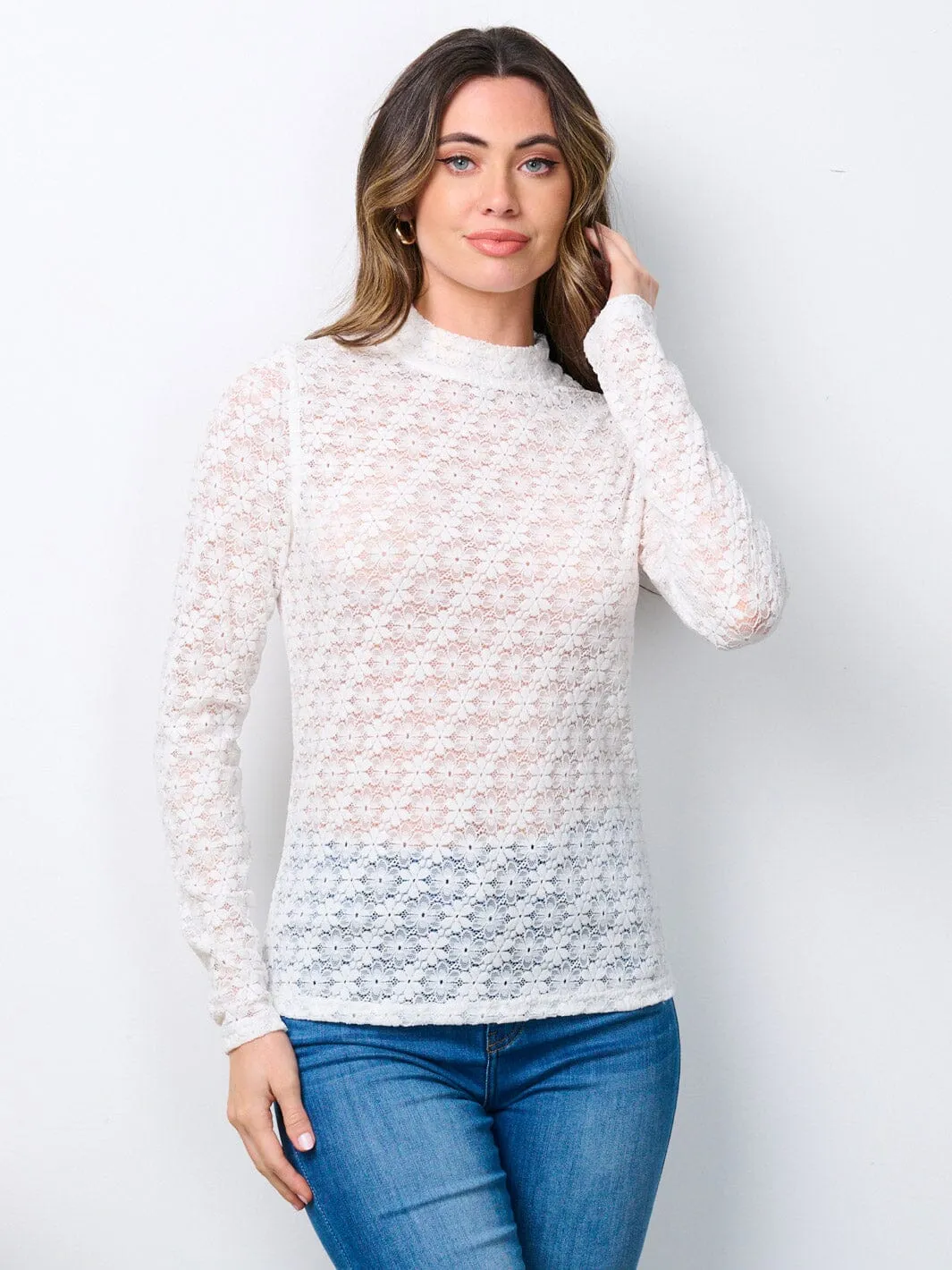 WOMEN'S LONG SLEEVE MOCK NECK FLORAL LACE BLOUSE TOP