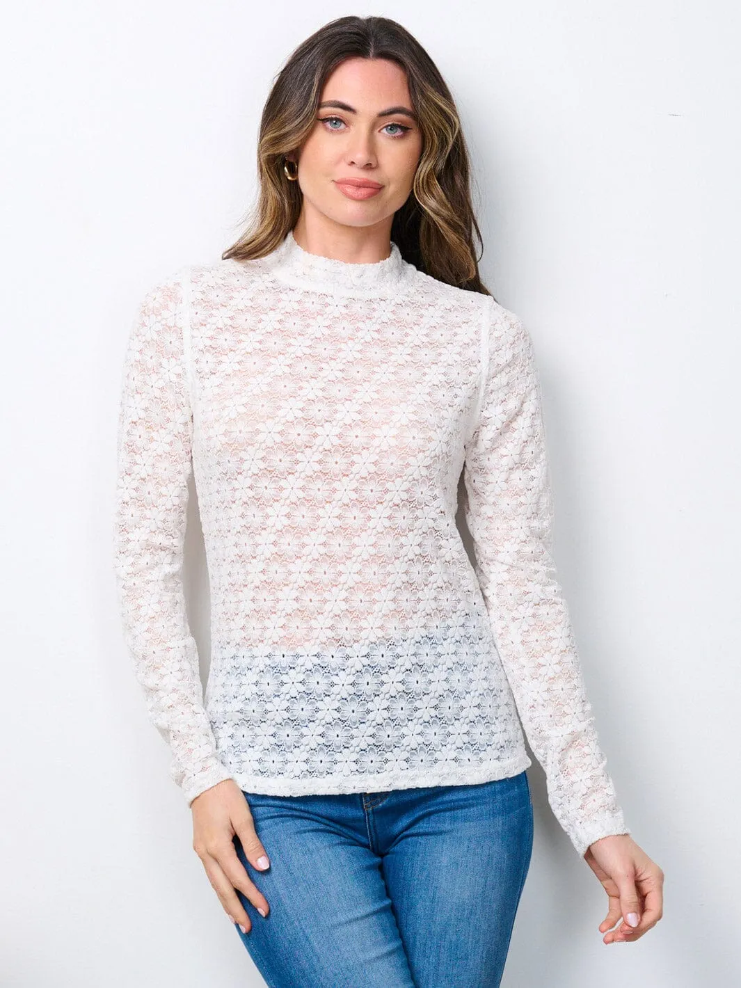 WOMEN'S LONG SLEEVE MOCK NECK FLORAL LACE BLOUSE TOP