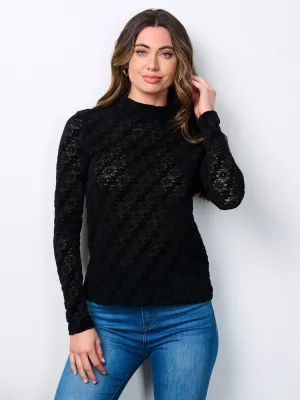 WOMEN'S LONG SLEEVE MOCK NECK FLORAL LACE BLOUSE TOP