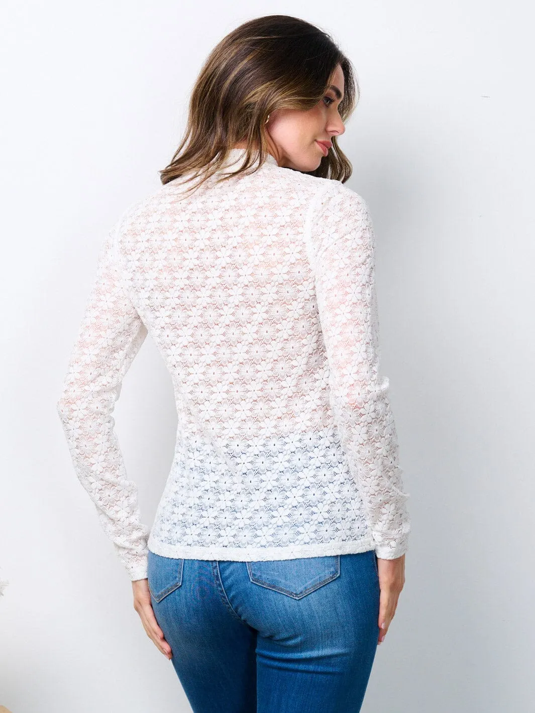 WOMEN'S LONG SLEEVE MOCK NECK FLORAL LACE BLOUSE TOP