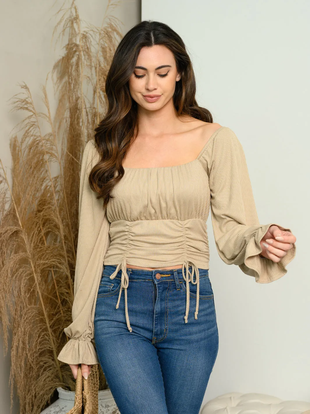 WOMEN'S LONG SLEEVE RIBBED RUCHED TOP