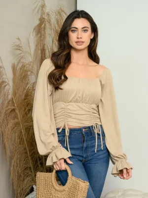 WOMEN'S LONG SLEEVE RIBBED RUCHED TOP