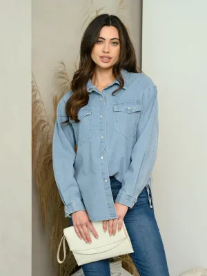 WOMEN'S LONG SLEEVE SIDE LACE UP DENIM TOP