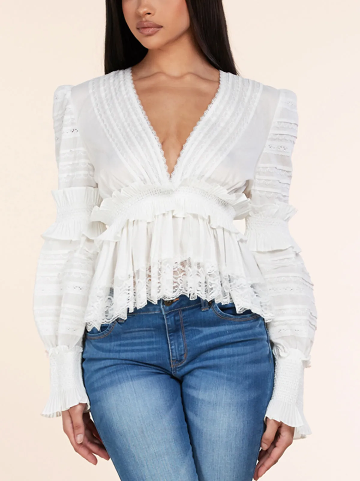 WOMEN'S LONG SLEEVE V-NECK RUFFLE SMOCK WAIST TOP