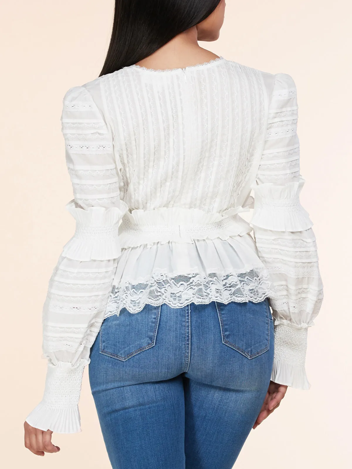 WOMEN'S LONG SLEEVE V-NECK RUFFLE SMOCK WAIST TOP