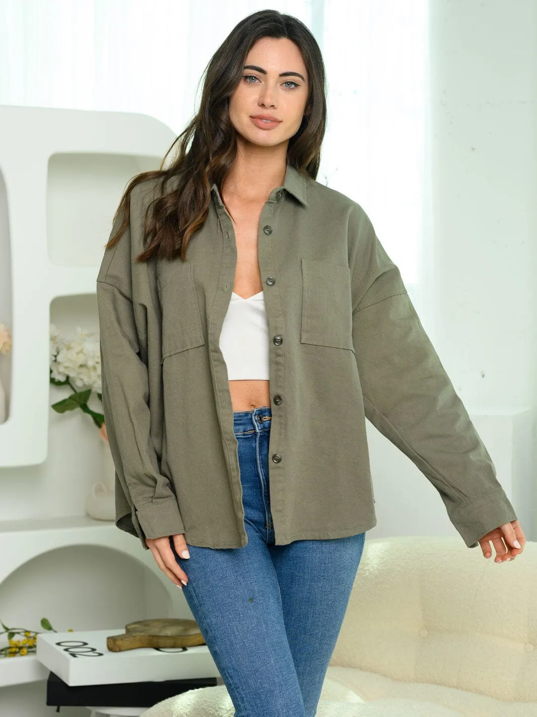 WOMEN'S LONG SLEEVES BUTTON UP OVERSIZED TWILL TOP